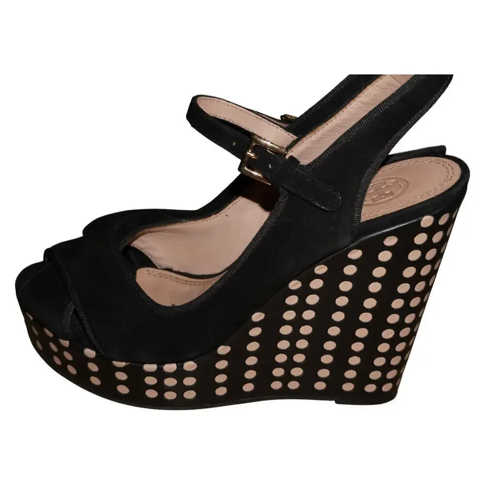 Tory Burch Ollie Black Suede Polka Dot Wedge Sandals Women’s 6.5M Made in Brazil